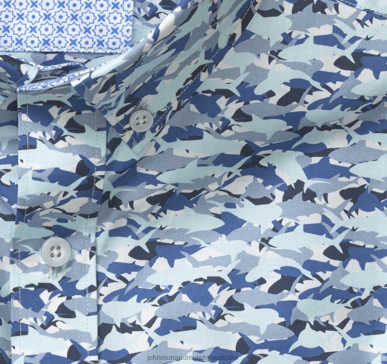 Apparel Blue Hidden Shark XB6RX455 Johnston & Murphy Men Printed Cotton Short-Sleeve Shirt - Image 2