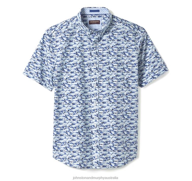 Apparel Blue Hidden Shark XB6RX455 Johnston & Murphy Men Printed Cotton Short-Sleeve Shirt - Image 3