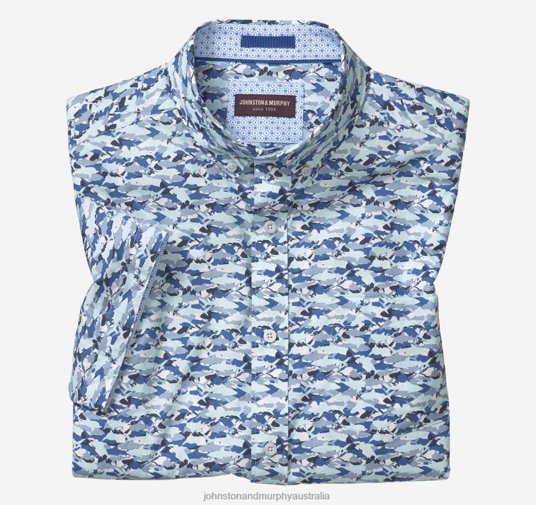 Apparel Blue Hidden Shark XB6RX455 Johnston & Murphy Men Printed Cotton Short-Sleeve Shirt - Image 1