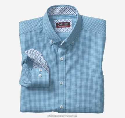 Apparel Blue/Light Blue Gingham XB6RX581 Johnston & Murphy Men XC4 Long-Sleeve Stretch-Woven Shirt