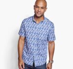 Apparel Blue Mouth Shark XB6RX409 Johnston & Murphy Men Printed Cotton Short-Sleeve Shirt