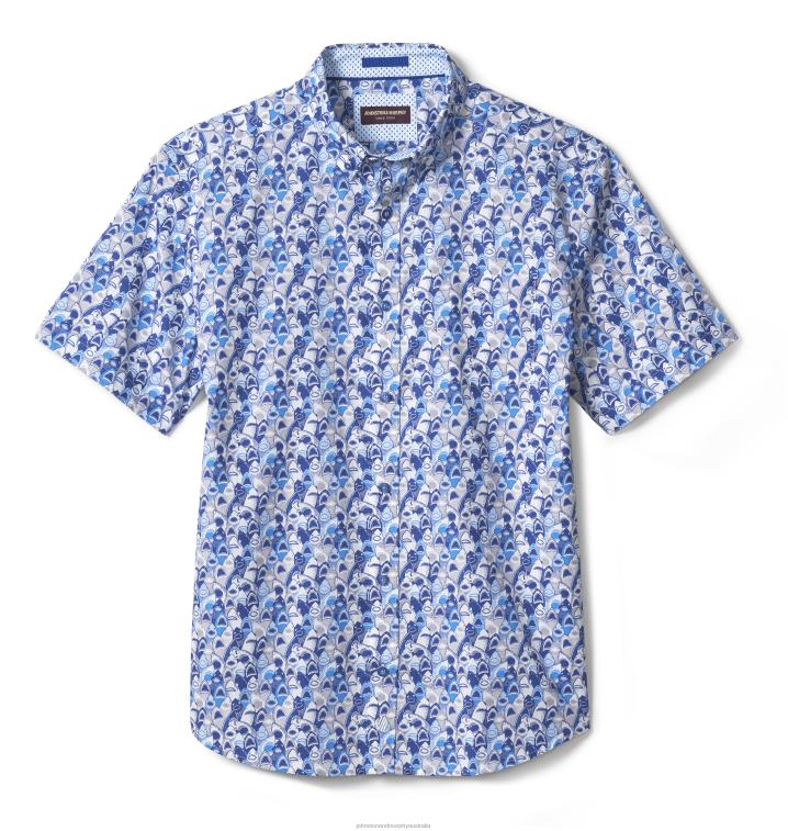 Apparel Blue Mouth Shark XB6RX409 Johnston & Murphy Men Printed Cotton Short-Sleeve Shirt - Image 3