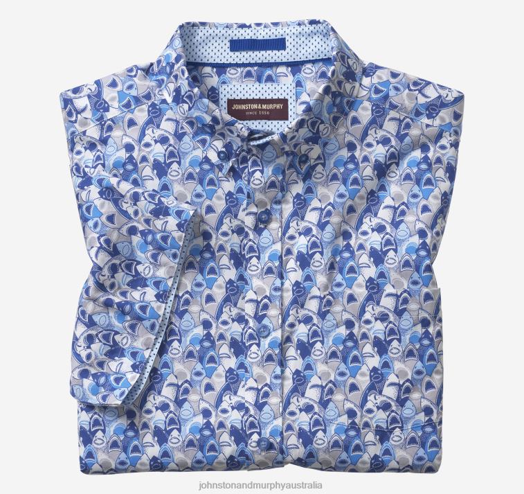 Apparel Blue Mouth Shark XB6RX409 Johnston & Murphy Men Printed Cotton Short-Sleeve Shirt - Image 4