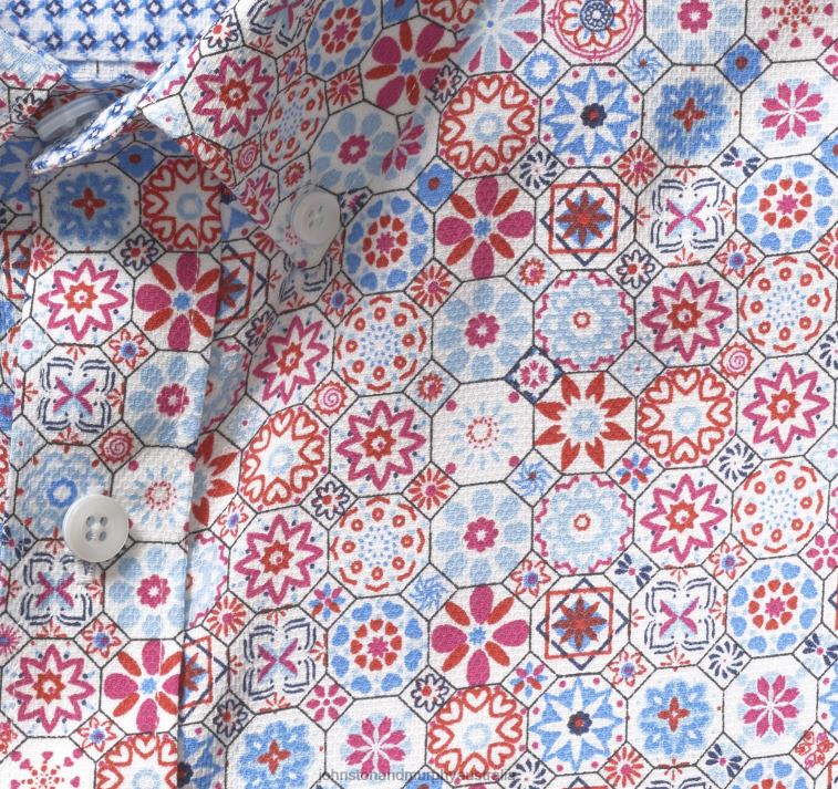 Apparel Blue Multi Floral Mosaic XB6RX465 Johnston & Murphy Unisex Textured Cotton Short-Sleeve Shirt - Image 2