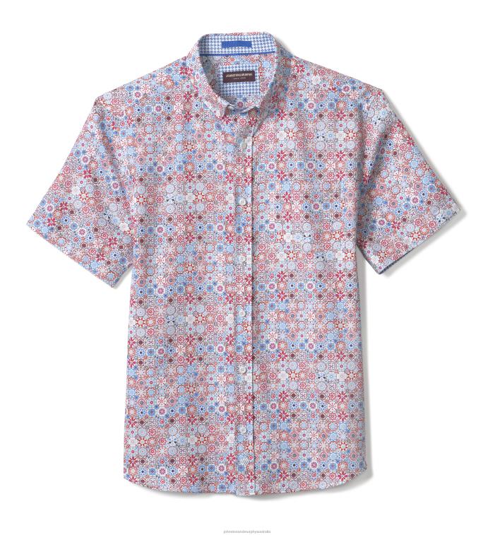 Apparel Blue Multi Floral Mosaic XB6RX465 Johnston & Murphy Unisex Textured Cotton Short-Sleeve Shirt - Image 3