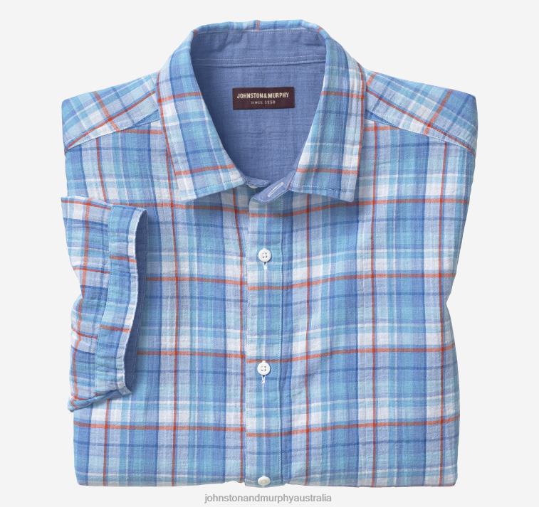 Apparel Blue Multi Plaid XB6RX754 Johnston & Murphy Unisex Double-Layer Short-Sleeve Shirt - Image 1