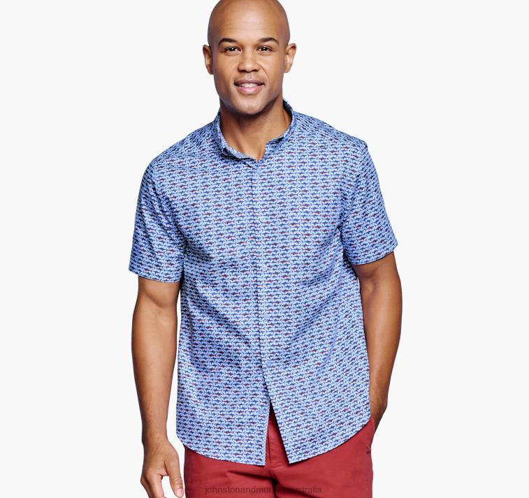 Apparel Blue Patriotic Shark XB6RX398 Johnston & Murphy Men Printed Cotton Short-Sleeve Shirt - Image 1
