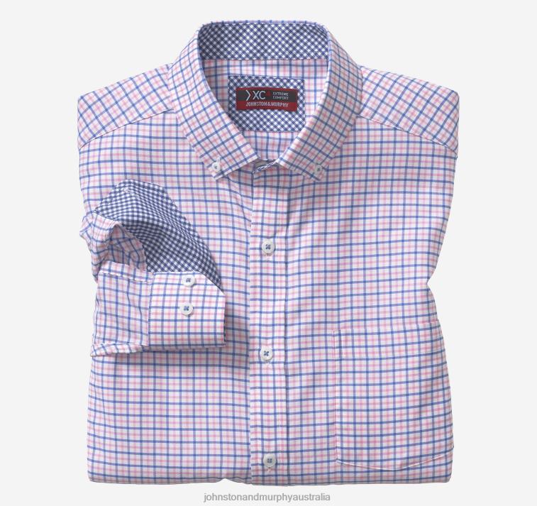 Apparel Blue/Pink Tattersall Check XB6RX580 Johnston & Murphy Men XC4 Long-Sleeve Stretch-Woven Shirt - Image 1