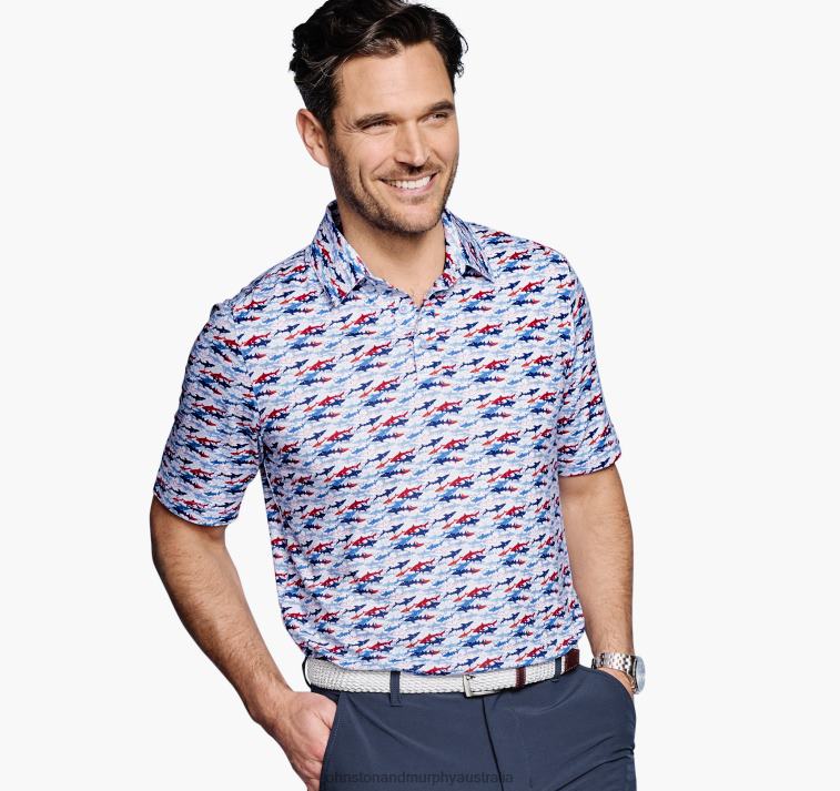Apparel Blue/Red Shark XB6RX597 Johnston & Murphy Men XC4 Print Performance Polo - Image 1