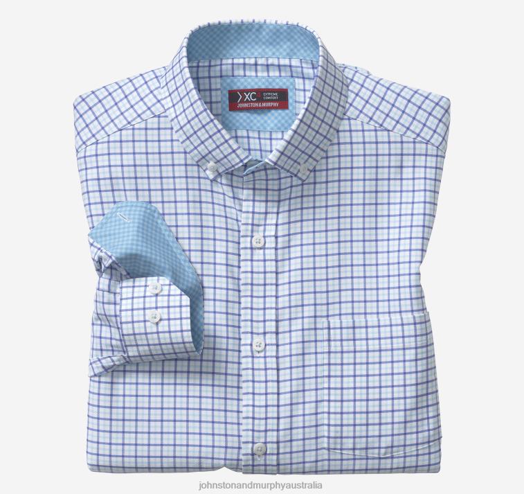 Apparel Blue Tattersall Check XB6RX523 Johnston & Murphy Men XC4 Long-Sleeve Stretch-Woven Shirt - Image 1