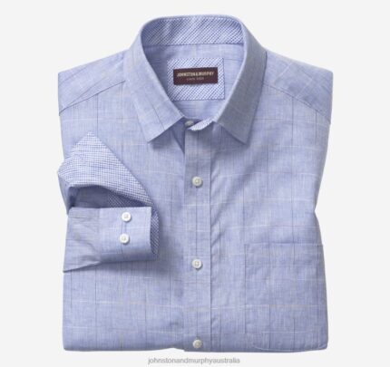 Apparel Blue Thin Windowpane XB6RX561 Johnston & Murphy Men Washed Linen-Blend Shirt