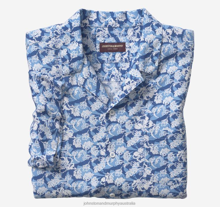 Apparel Blue Tropical Floral XB6RX501 Johnston & Murphy Men Short-Sleeve Camp Shirt - Image 1