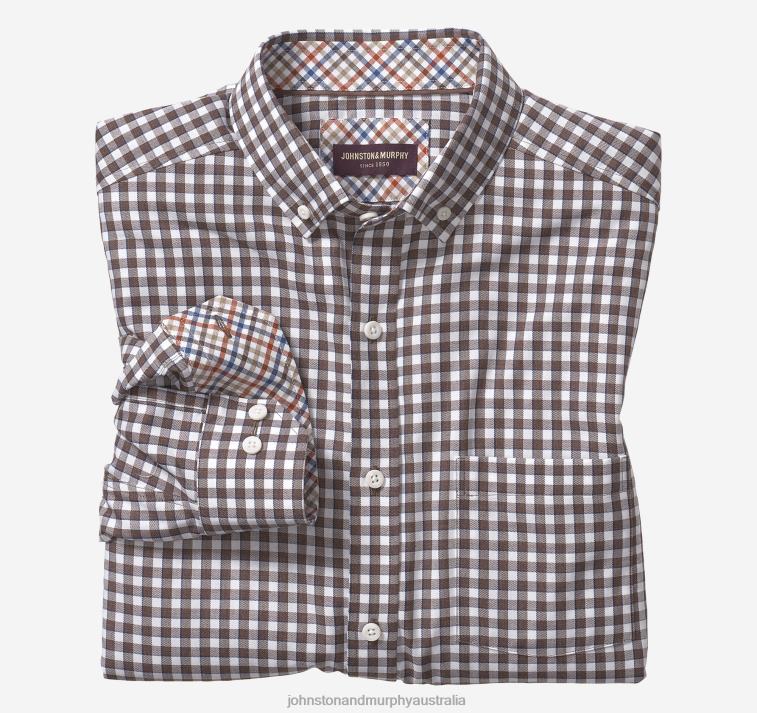 Apparel Brown Border Gingham XB6RX760 Johnston & Murphy Men Long-Sleeve Twill Checked Shirt - Image 1