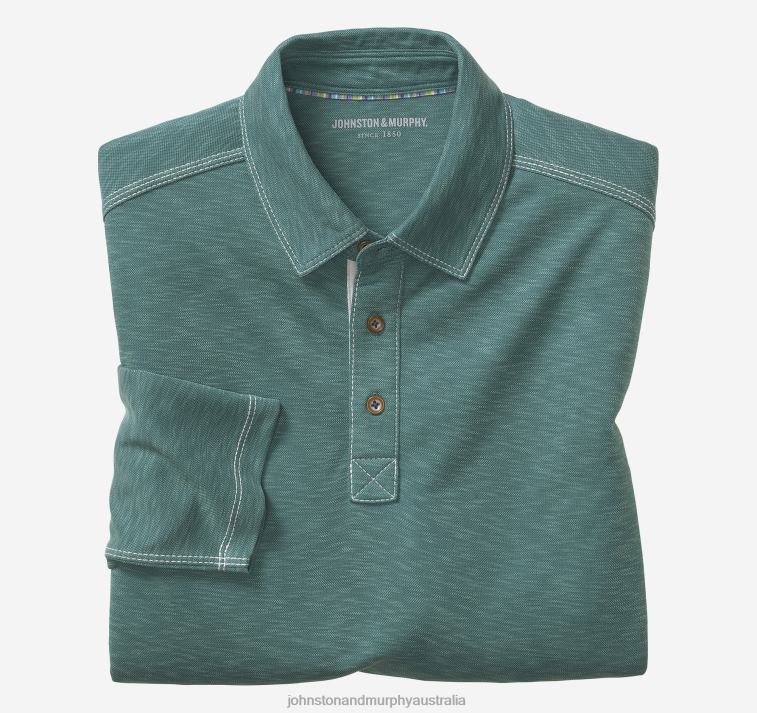 Apparel Green XB6RX773 Johnston & Murphy Men Vintage Slub Long-Sleeve Polo - Image 1