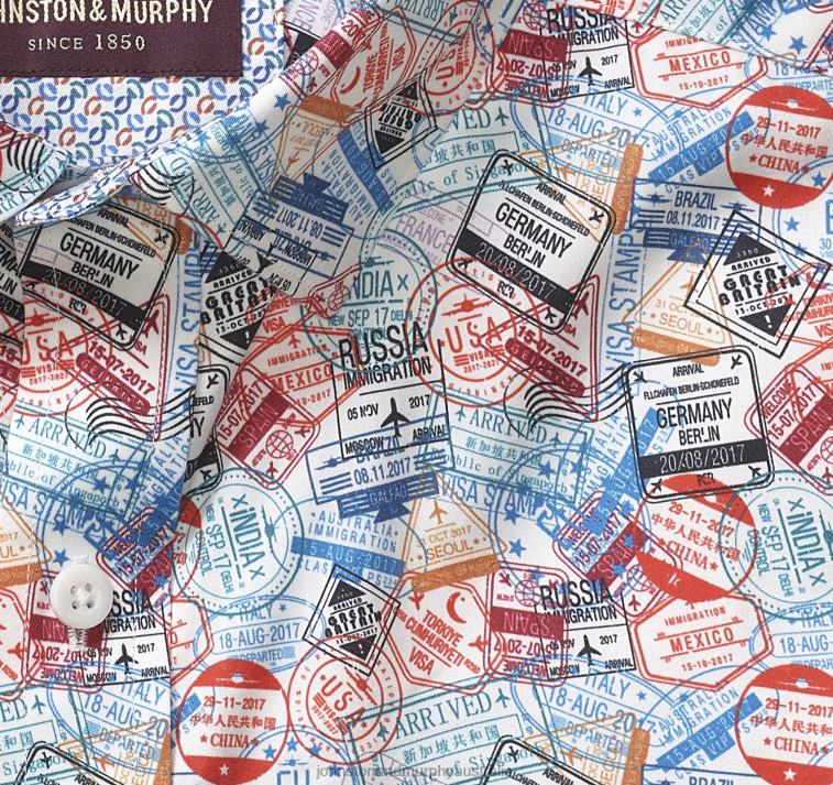 Apparel Multi Travel Stamp XB6RX607 Johnston & Murphy Men Printed Cotton Shirt - Image 2