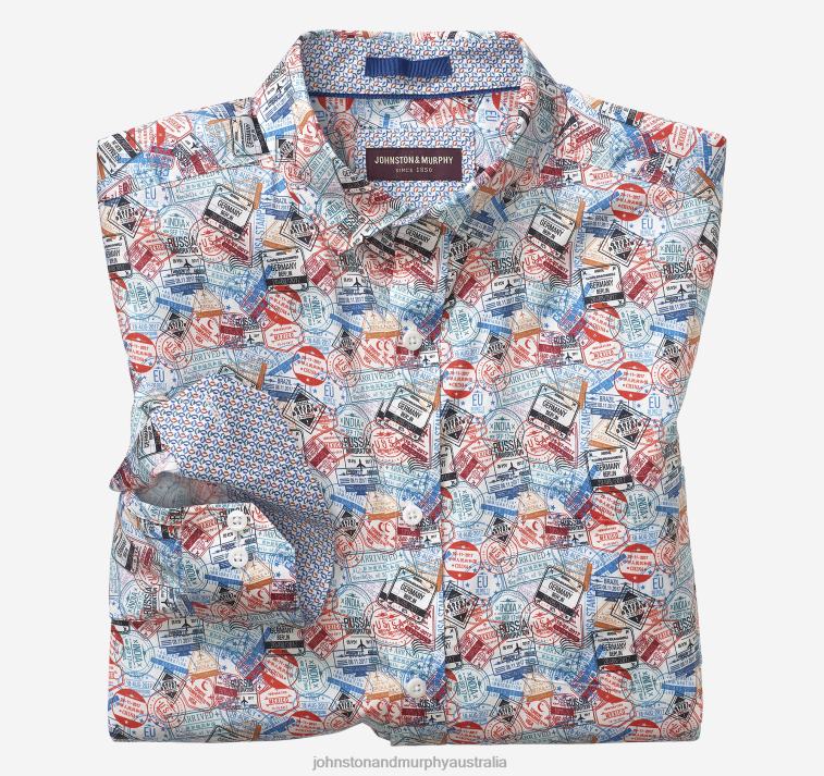 Apparel Multi Travel Stamp XB6RX607 Johnston & Murphy Men Printed Cotton Shirt - Image 1