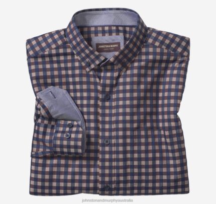 Apparel Navy/Brown Gingham XB6RX615 Johnston & Murphy Men Button-Collar Premium Cotton Shirt