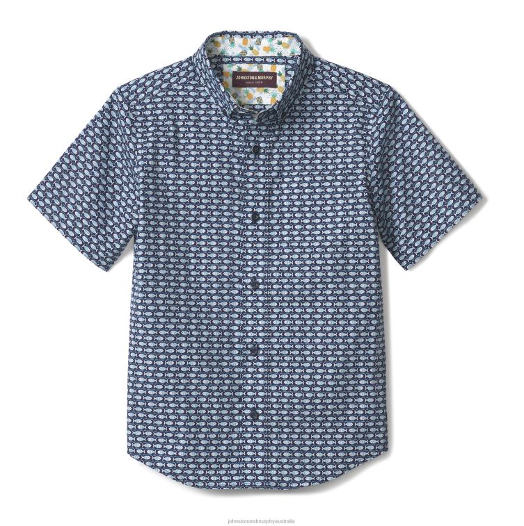 Apparel Navy Fish XB6RX1413 Johnston & Murphy Boy Boys Short-Sleeve Printed Shirt - Image 3