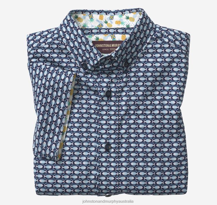 Apparel Navy Fish XB6RX1413 Johnston & Murphy Boy Boys Short-Sleeve Printed Shirt - Image 1