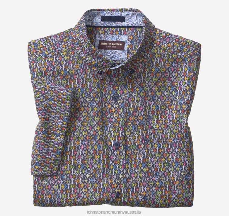 Apparel Navy Fish XB6RX422 Johnston & Murphy Men Printed Cotton Short-Sleeve Shirt - Image 4