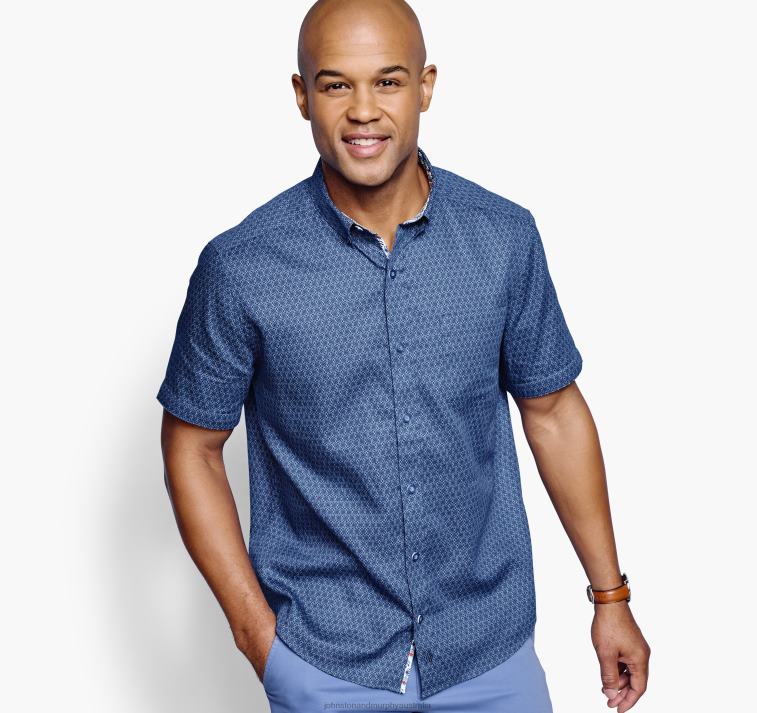 Apparel Navy Linked Flower XB6RX403 Johnston & Murphy Unisex Textured Cotton Short-Sleeve Shirt - Image 1