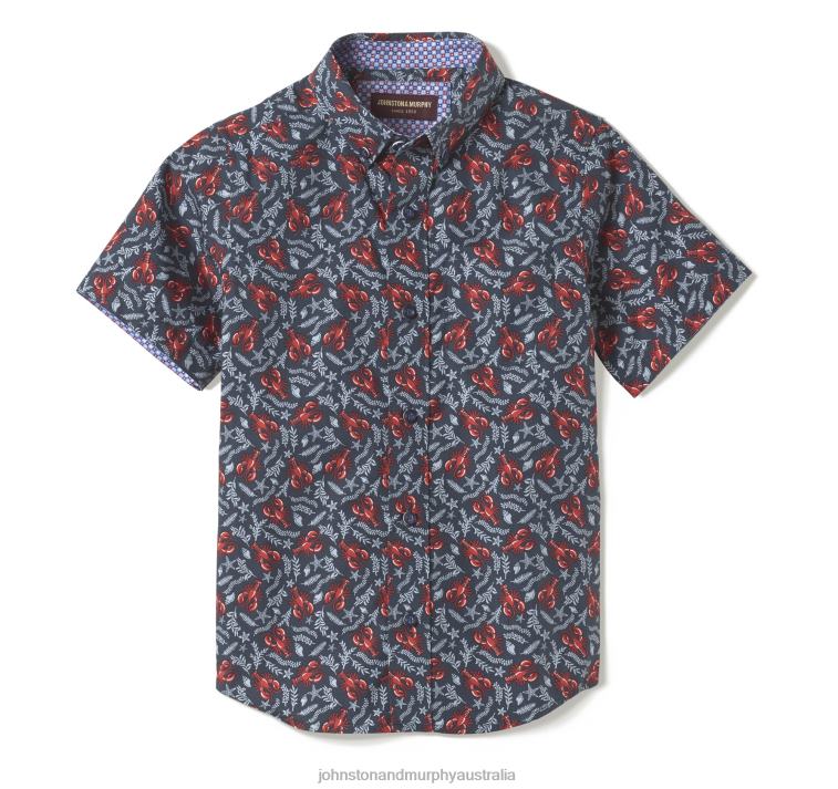 Apparel Navy Lobster XB6RX1408 Johnston & Murphy Boy Boys Short-Sleeve Printed Shirt - Image 3