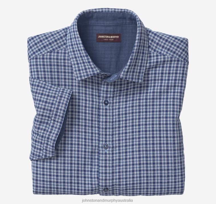 Apparel Navy Multi Check XB6RX675 Johnston & Murphy Unisex Double-Layer Short-Sleeve Shirt - Image 1