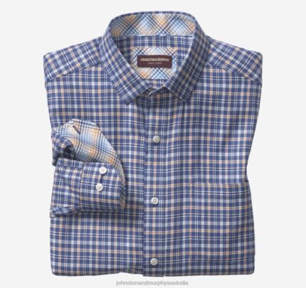 Apparel Navy/Orange Textured Plaid XB6RX729 Johnston & Murphy Men Long-Sleeve Dress Shirt