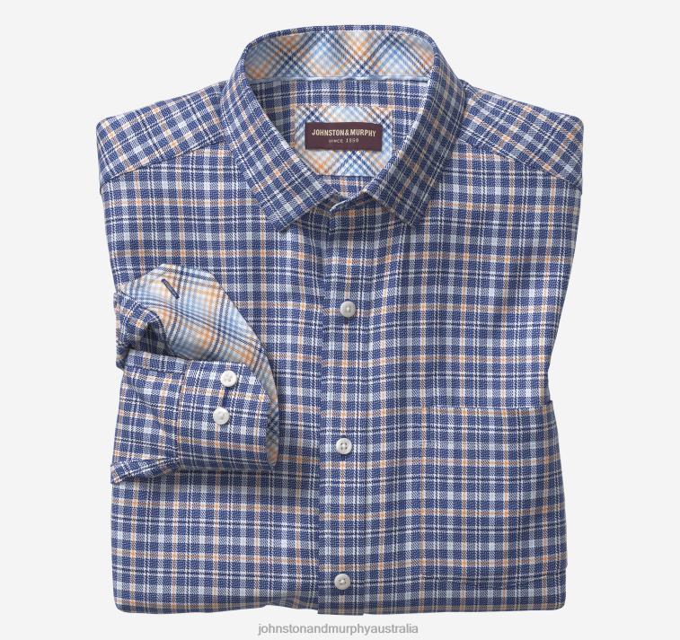 Apparel Navy/Orange Textured Plaid XB6RX729 Johnston & Murphy Men Long-Sleeve Dress Shirt - Image 1