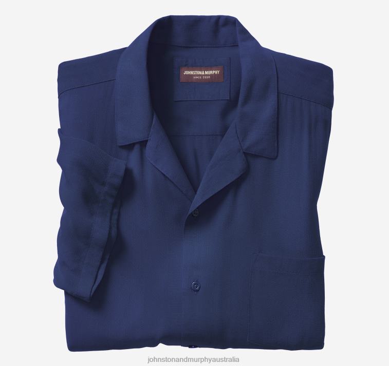 Apparel Navy Solid XB6RX478 Johnston & Murphy Men Short-Sleeve Camp Shirt - Image 1