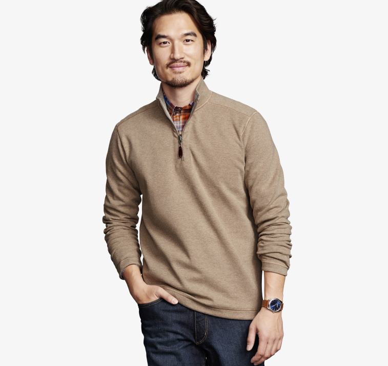 Apparel Oatmeal/Light Gray XB6RX705 Johnston & Murphy Men Reversible Solid Quarter-Zip - Image 1
