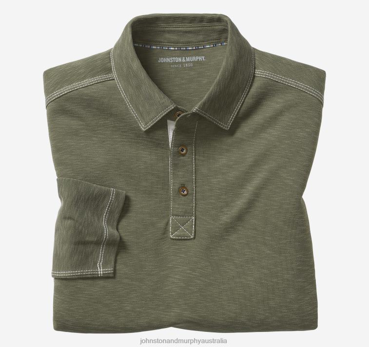 Apparel Olive XB6RX772 Johnston & Murphy Men Vintage Slub Long-Sleeve Polo - Image 1
