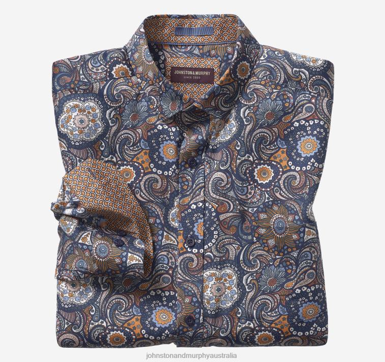 Apparel Orange/Navy Swirling Paisley XB6RX592 Johnston & Murphy Men Printed Cotton Shirt - Image 1