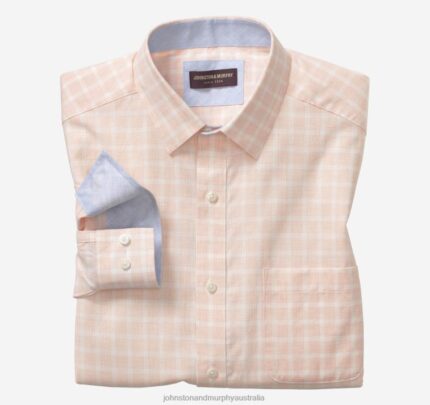 Apparel Peach Fineline Check XB6RX545 Johnston & Murphy Men Washed Linen-Blend Shirt