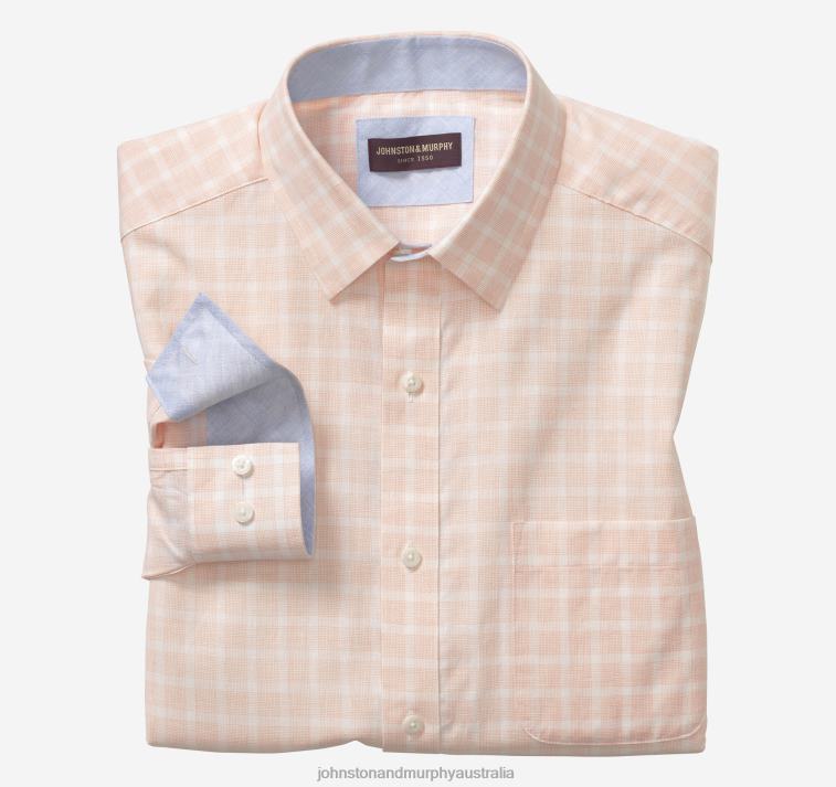 apparel_peach_fineline_check_xb6rx545_johnston_murphy_men_washed_linen_blend_shirt.jpg Apparel Peach Fineline Check XB6RX545 Johnston & Murphy Men Washed Linen-Blend Shirt - Image 1