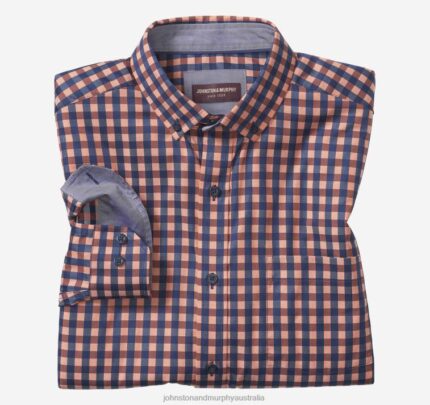 Apparel Rust/Navy Dark Twill Gingham XB6RX732 Johnston & Murphy Men Button-Collar Premium Cotton Shirt