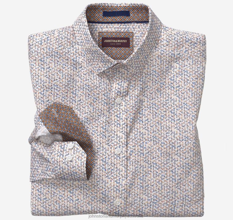 Apparel Tan Geo Petal XB6RX526 Johnston & Murphy Men Printed Cotton Shirt - Image 1