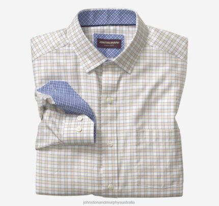 Apparel Tan Outlined Grid XB6RX691 Johnston & Murphy Men Long-Sleeve Dress Shirt