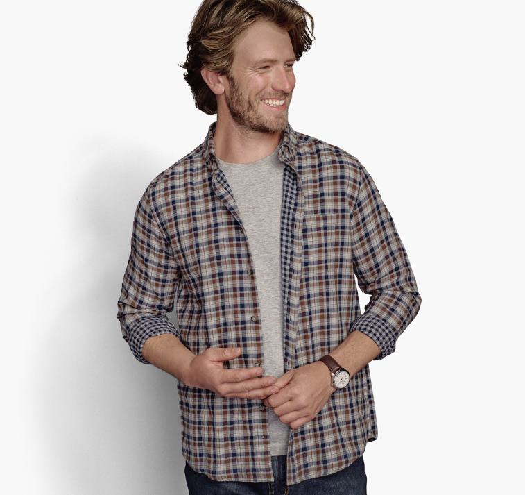 Apparel Tan Plaid XB6RX839 Johnston & Murphy Men Double-Layer Long-Sleeve Shirt - Image 3