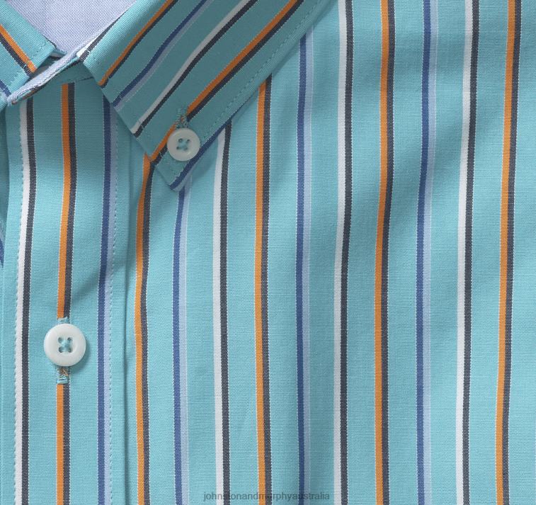 Apparel Turquoise Stripe XB6RX529 Johnston & Murphy Men Printed Cotton Short-Sleeve Shirt - Image 2