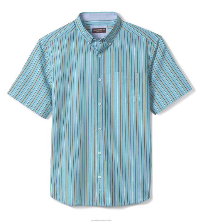 Apparel Turquoise Stripe XB6RX529 Johnston & Murphy Men Printed Cotton Short-Sleeve Shirt - Image 3
