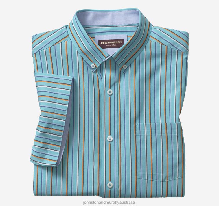 Apparel Turquoise Stripe XB6RX529 Johnston & Murphy Men Printed Cotton Short-Sleeve Shirt - Image 4