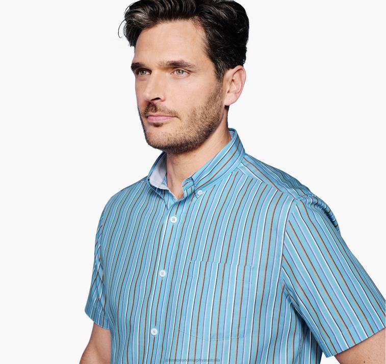 Apparel Turquoise Stripe XB6RX529 Johnston & Murphy Men Printed Cotton Short-Sleeve Shirt - Image 5
