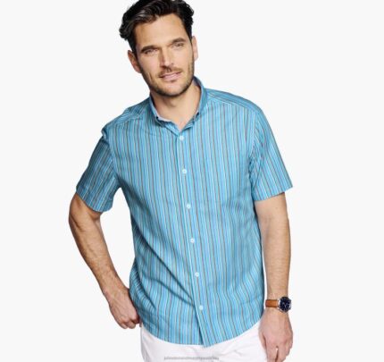 Apparel Turquoise Stripe XB6RX529 Johnston & Murphy Men Printed Cotton Short-Sleeve Shirt