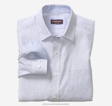 Apparel White/Blue Slub Stripe XB6RX612 Johnston & Murphy Men Washed Linen-Blend Shirt