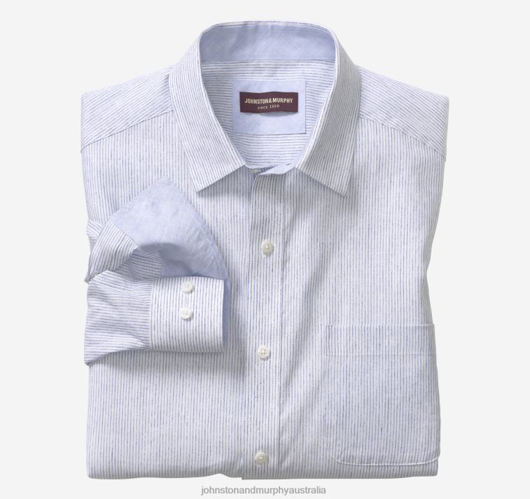 apparel_white_blue_slub_stripe_xb6rx612_johnston_murphy_men_washed_linen_blend_shirt.jpg Apparel White/Blue Slub Stripe XB6RX612 Johnston & Murphy Men Washed Linen-Blend Shirt - Image 1