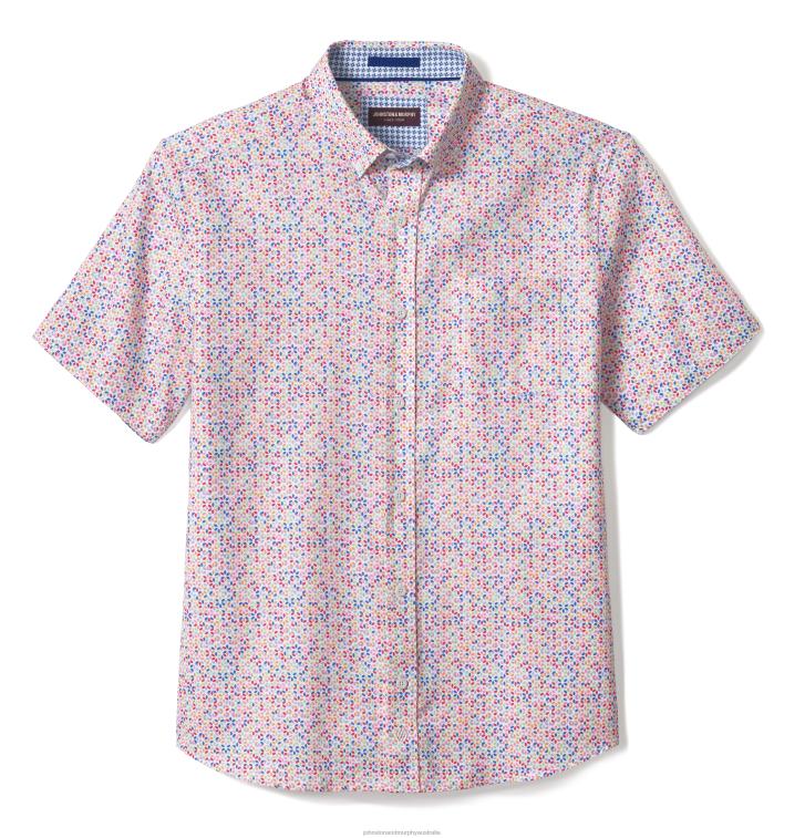 Apparel White Multi Geo Petal XB6RX466 Johnston & Murphy Unisex Textured Cotton Short-Sleeve Shirt - Image 3