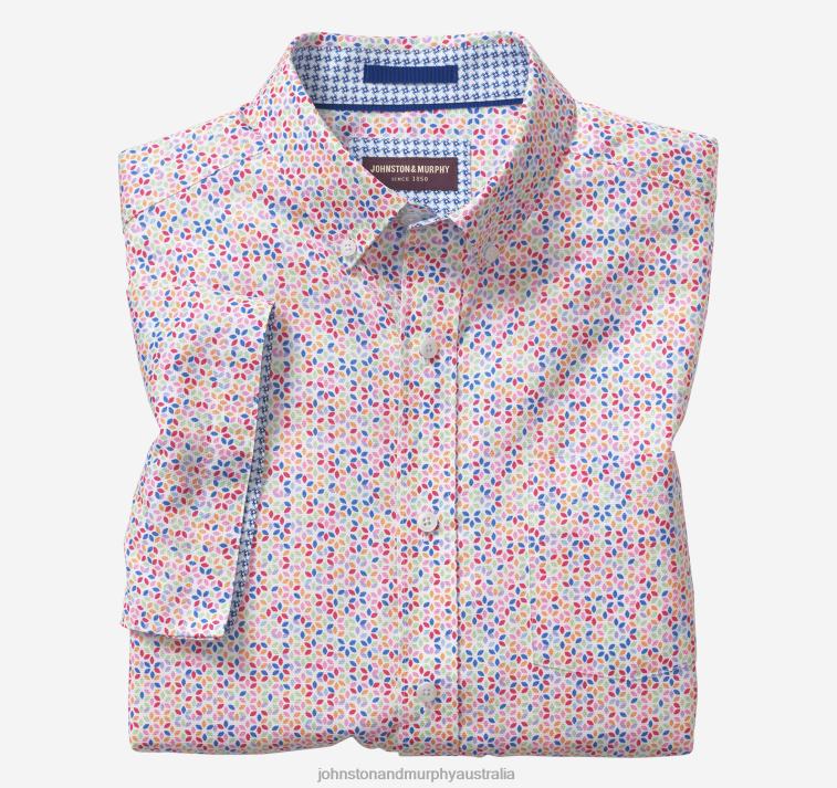 Apparel White Multi Geo Petal XB6RX466 Johnston & Murphy Unisex Textured Cotton Short-Sleeve Shirt - Image 4