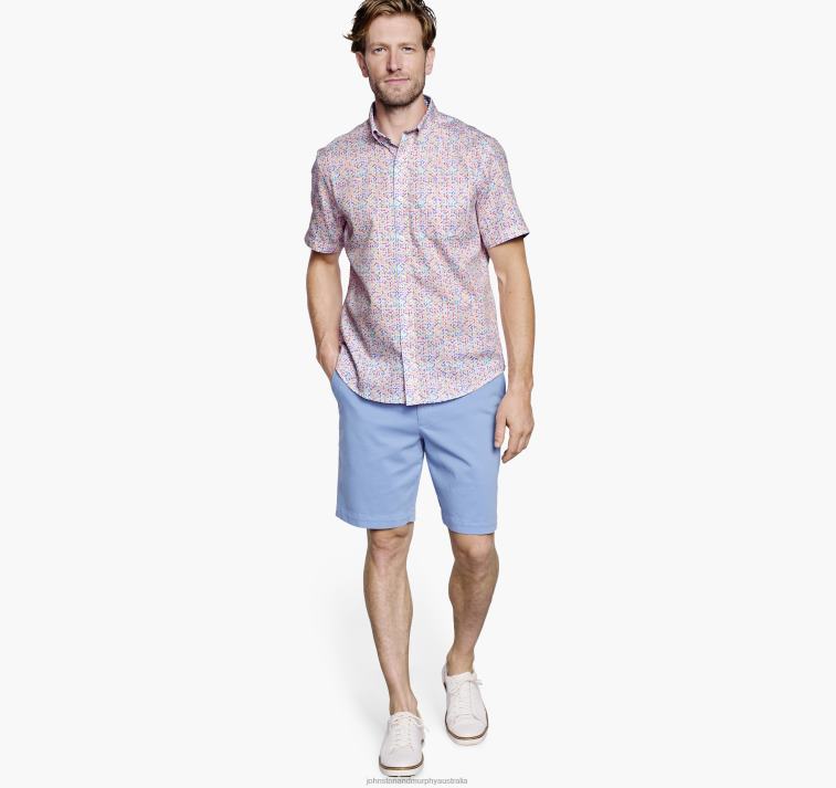 Apparel White Multi Geo Petal XB6RX466 Johnston & Murphy Unisex Textured Cotton Short-Sleeve Shirt - Image 5