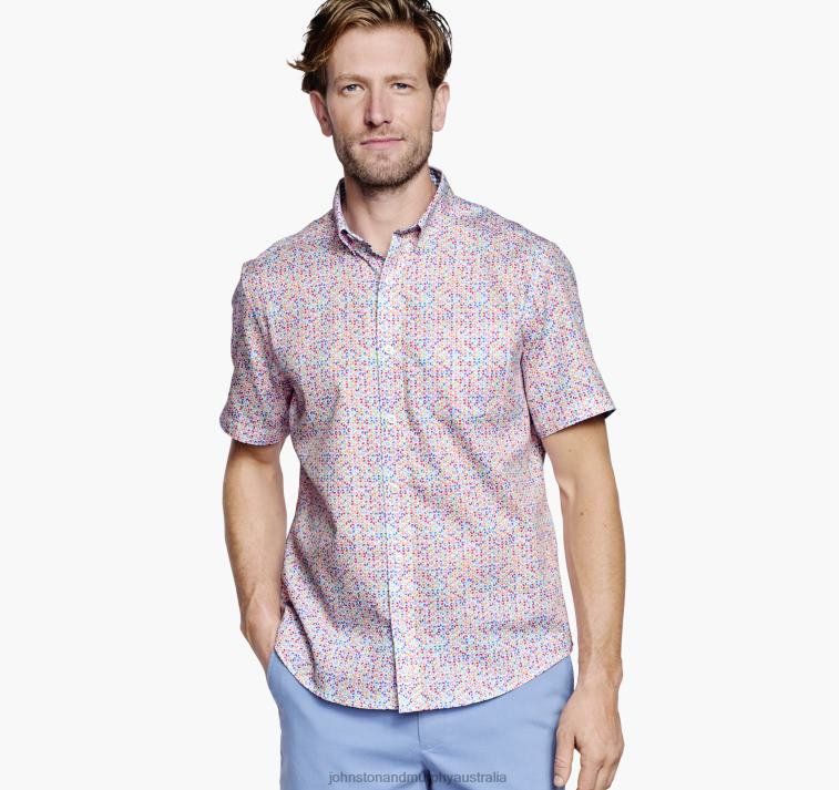 Apparel White Multi Geo Petal XB6RX466 Johnston & Murphy Unisex Textured Cotton Short-Sleeve Shirt - Image 1